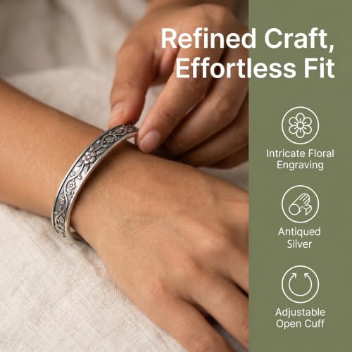 Stainless Steel Vintage Floral Open Cuff Bracelet for Women