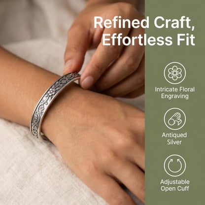Stainless Steel Vintage Floral Open Cuff Bracelet for Women