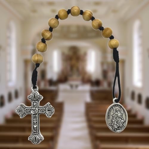 Pocket Rosary, Prayer Beads with Saints Medal and Cross/Crucifix - style: St Michael, 10 Beads, Natural Wood, One Decade