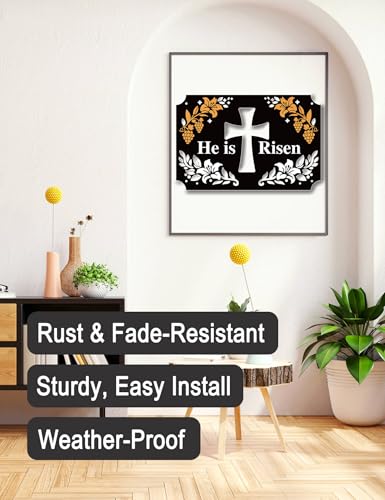 He is Risen Metal Easter Cross Wall Decor – Religious Easter Decorations with Cross, Flowers & Grapes, Christian Easter Decor for Home, Front Door, Porch – Black, White & Gold Finish - color: Type-4