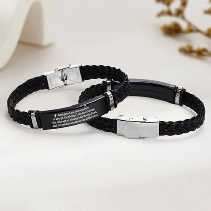 Leather Bracelet Sobriety Gifts for Men : Inspirational Quote/Bible Verse Engraved Braided Black Mens Bracelet for Him, Customized Religious Christian Gift Jewelry for Son/Dad/Boys/Boyfriend/Husband - style: 08:Serenity prayer