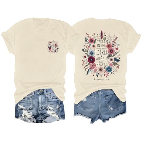 Christian Shirts for Women Trust in The Lord Graphic Tees Boho Floral Shirt Jesus Bible Verse Faith Summer Tshirts - color: Apricot, size: XX-Large