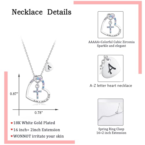 Cross Necklace for Girls | I am a child of God Necklace for Girls | Heart Letter initial | 18K White Gold Plated Pendant Jewelry First Communion Baptism Gifts Christmas Birthday Gifts for Girl Women - color: R