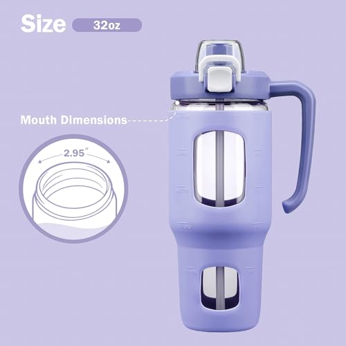 32oz Glass Tumbler with Straw Handle, Reusable Iced Coffee Cup, Purple - color: Purple