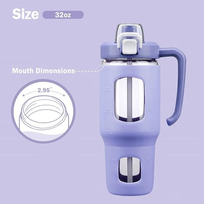 32oz Glass Tumbler with Straw Handle, Reusable Iced Coffee Cup, Purple - color: Purple
