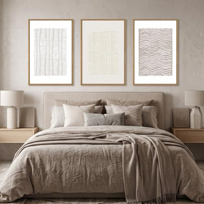 Aryroi Beige White Abstract Neutral Framed Canvas Wall Art Set- 24"x36"x3 - color: Boho Geometry Line Wall Art, size: 24"L x 36"W