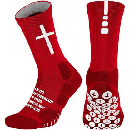 Christian Soccer Socks-Moisture-Wicking, Faith Prayer Football Anti-Slip Grip Cross Symbol&Bible Verse Youth 6-13 - color: Red