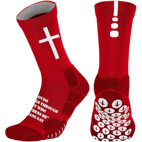 Christian Soccer Socks-Moisture-Wicking, Faith Prayer Football Anti-Slip Grip Cross Symbol&Bible Verse Youth 6-13 - color: Red