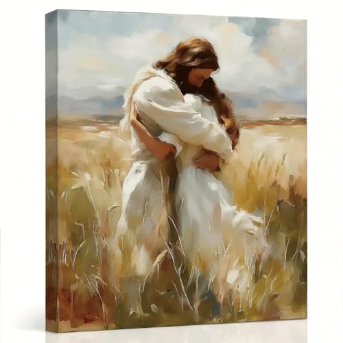 RTVJTERQ Religious Canvas Wall Art, Jesus Hugging Woman in Wheat Field Oil Painting, Christian Inspirational Home Decor for Farmhouse Living Room 8x10 Inch - color: Patriotic 12