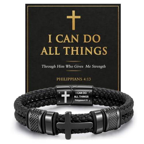 Christian Cross Bracelet Gift for Men, Double-Row Braided Leather Bracelet - color: PHILIPPIANS 4:13, size: Fits Wrist 7.1-7.5 Inches