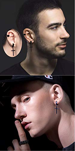 Unisex Punk Hip Hop Stainless Steel Silver Black Gold Tone Lock Thunder Lightning Bolt Dangle Huggie Hoop Earrings Gift for Women Men Boy Teens - color: Black-Asymmetric Cross