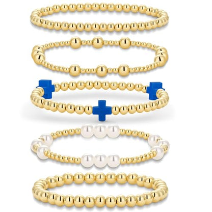 Gold Beaded Pearl Cross Bracelets Stackable Christian Stretch Jewelry Set - color: Royal Blue