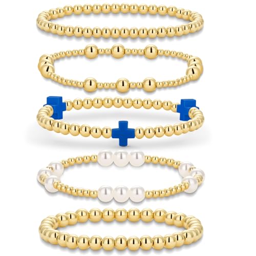Gold Beaded Pearl Cross Bracelets Stackable Christian Stretch Jewelry Set - color: Royal Blue