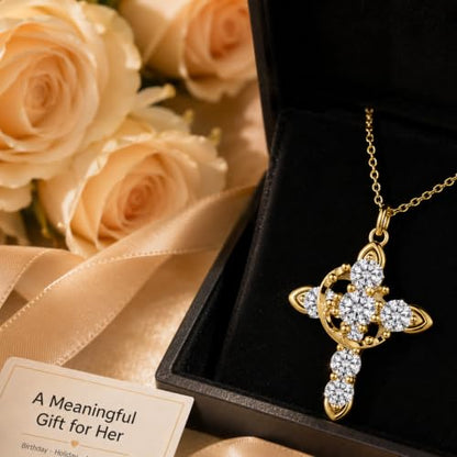 Cross Necklace 18k Gold Plated Christian Faith Jewelry Gift for Women - color: Crown-Gold