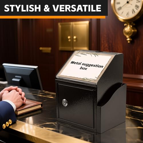 Suggestion Box with Slot and Lock, Secure Metal Ballot Box for Donation or Comment Collection, Wall Mounted or Countertop Donation Boxes for Fundraising, For Office, School, or Event Use (Black) - color: Black