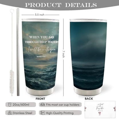 Christian Ocean Beach 20oz Travel Coffee Mug Tumbler, Christian Gifts, When You Go Through Deep Waters I Will Be with You Bible Verse Stainless Steel Tumbler with Lid and Straw - color: Deepwater A