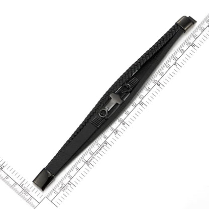 COOLSTEELANDBEYOND Mens Women Steel Horizontal Sideway Lateral Flat Cross Multi-Strand Leather Bangle Bracelet - color: D-Color: Black