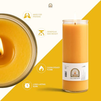 3pk Yellow Amarillo 90hr | 7-Day Prayer Candles - Glass Jar Veladoras, Unscented Paraffin Wax | Success, Luck & Confidence Novena - Catholic Hispanic Church Altar, Memorial Vigil & Prosperity - color: Yellow