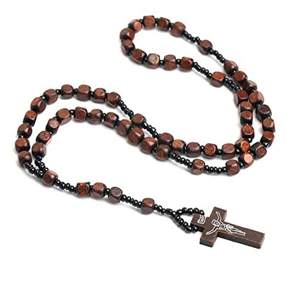 COLORFUL BLING Natural Wooden Catholic Rosaries Wood Crucifix Prayer Beads Pendant Necklace Prayer Jesus Religious Cross Rosary Necklace Handmade Jewelry - color: square dark