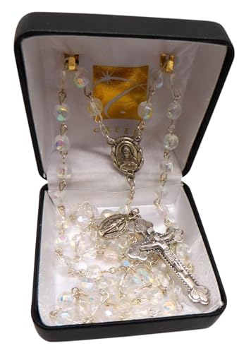 Westmon Works Girls First Holy Communion Rosary Set with Glass Beads Metal Crucifix Gift Boxed with Holy Card, Made in Italy