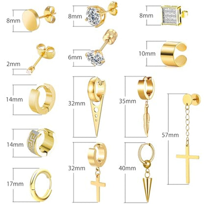 14 Pairs Earrings for Men and Women - Black Stud, Hoop, Cross, and Dangling Earrings Set - Stainless Steel Ear Cuffs Piercing Jewelry - color: Gold