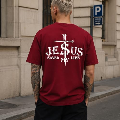 Christian Jesus Cross Shirts for Men Jesus Saved My Life T-Shirt God Tee - color: Claret, size: Medium