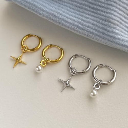 Asymmetric Cross Star Pearl Dangle Drop Hoop Earrings 925 Sterling Silver Post Small Huggie Hoops Charm Dangling Earring Cartilage Hypoallergenic Studs Fashion Jewelry for Women Daughter Niece