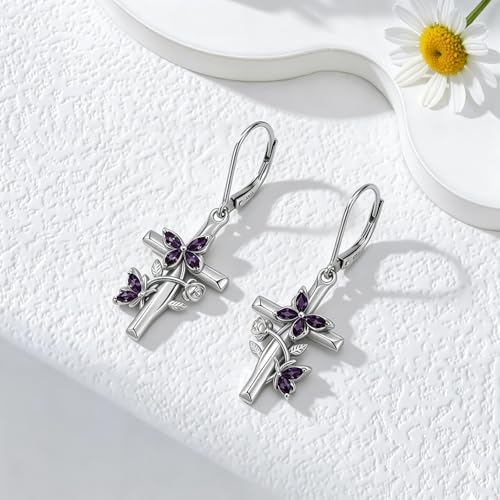Butterfly Earrings for Women 925 Sterling Silver Birthstone Butterfly Cross Rose Dangle Earrings Elegant Butterfly's Jewelry Gift for Birthday Valentines Day Christmas - color: 2-February