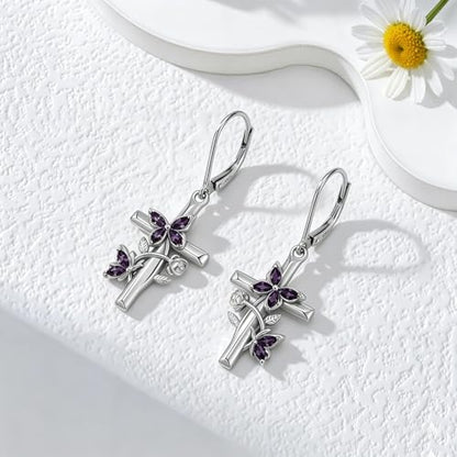 Butterfly Earrings for Women 925 Sterling Silver Birthstone Butterfly Cross Rose Dangle Earrings Elegant Butterfly's Jewelry Gift for Birthday Valentines Day Christmas - color: 2-February