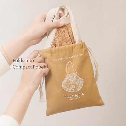 PILLOWPIA French Market Bag – Organic Cotton Tote, Handcrafted Adjustable Strap, Eco-Friendly 12-15" Farmers Market Carrier - color: Wheat