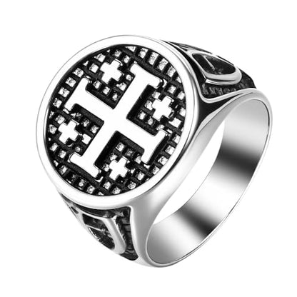 Vintage Crusader Jerusalem Cross Ring: Mens Stainless Steel Christians Statement Jewelry Gifts for Easter Christmas Birthday