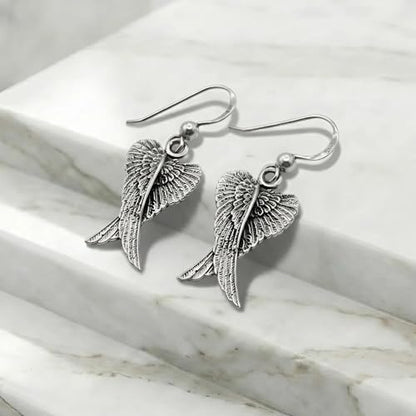 Sterling Silver Dangle Folded Feather Angel Wings Earrings