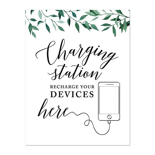Andaz Press Wedding Party Signs, Natural Greenery Green Leaves, 8.5x11-inch, Charging Station Snap Chat, Instagram and Tweet Away, Recharge Your Phone Here Sign, 1-Pack - color: Activities Charging Station