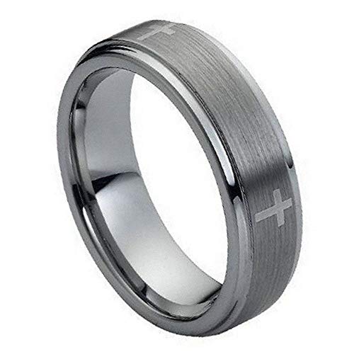 Wedding Rings for Him and Her - 7mm Tungsten Ring Flat Brushed Center Laser Engraved Crosses - Couple Rings Set - Wedding Bands for Couples - Wedding Band Sets for Couples
