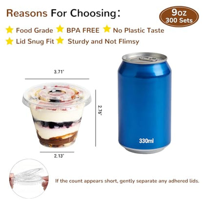 9oz Clear Plastic Cups with Flat Lids No Hole (300 Sets) - size: 9 oz-300Sets