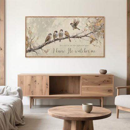 Aurlan His Eye Is On The Sparrow Framed Canvas Wall Art 40x20 Inch - color: His Eye is on the Sparrow, size: 40"L x 20"W