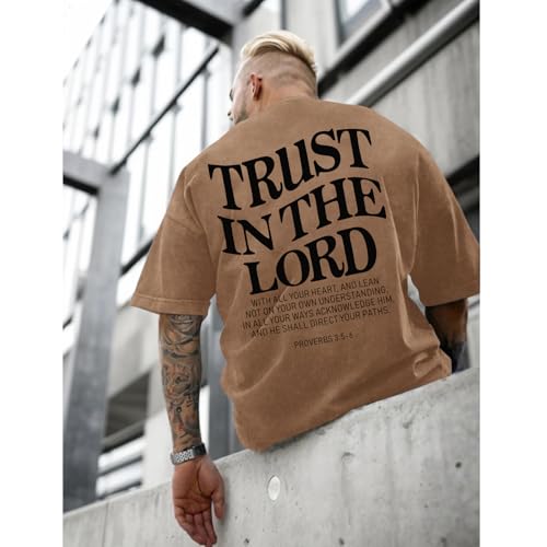 Wrenpies Mens Oversized Christian Shirts God Faith Jesus Religious Tshirts Trust in The Lord Bible Verse Tees Acid Wash Tops - color: Coffee, size: Medium