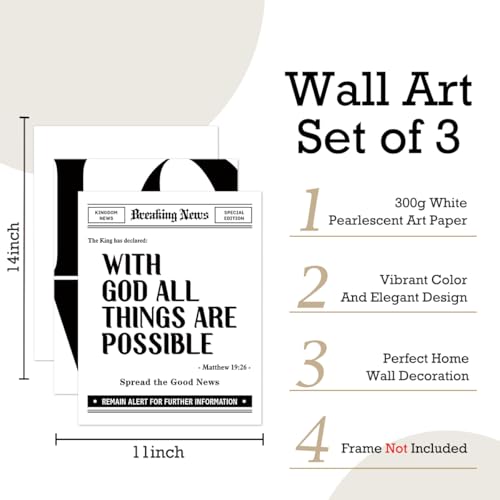 Set of 3 Poster Bible Verse Wall Art,Matthew 19:26 Christian Wall Decor - color: God is Love(Black)