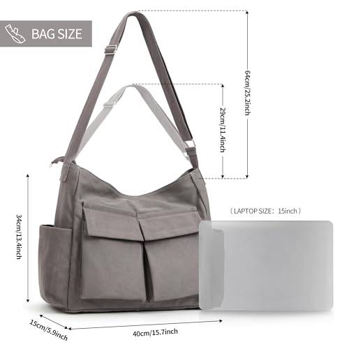 KALIDI Canvas Tote Bag Zipper Large Crossbody Shoulder Bag Messenger Bag - color: Upgraded Grey