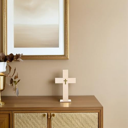 Veemoon Wood Crosses with Stand for Crafts, 10Pieces Blanks Diy Cross Decor Unfinished Catholic Baptism Craft Ornament Table Small Religious Crucifix Crosses for Easter Party Wedding First Communion