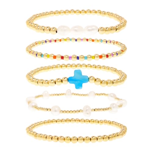 Gold Pearl Beaded Cross Bracelets Stack Set for Women, Boho Handmade Colorful Small Beads Stretchable Jewelry Friendship Summer Trendy Gift. - color: blue