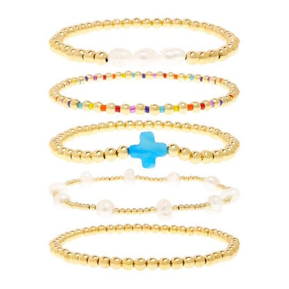 Gold Pearl Beaded Cross Bracelets Stack Set for Women, Boho Handmade Colorful Small Beads Stretchable Jewelry Friendship Summer Trendy Gift. - color: blue