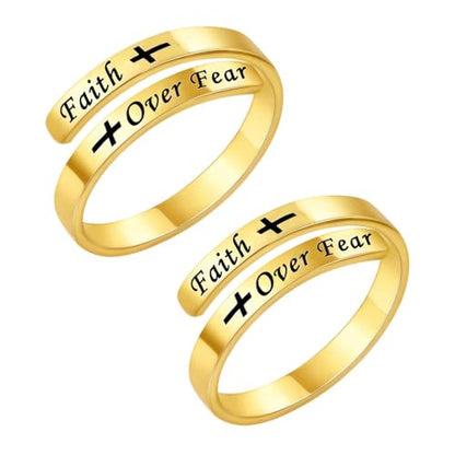 Faith Over Fear Cross Inspirational Rings for Women Daughter, Christian Blessed Hope Love Encouragement Rings Adjustable Open Tiny Purity Wrap Thumb Cross Ring Jewelry Graduation Cocktail Party - color: Gold&Gold