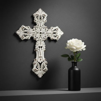 Comfy Hour 12 Inch Cross Wall Decor, White Floral Wall Cross