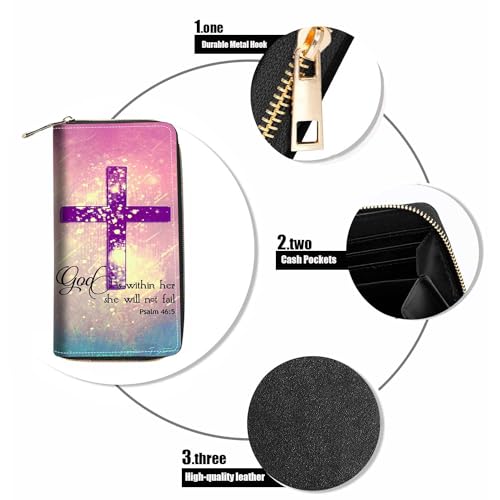 Christian Cross Bible Verse Psalm 46:5 Print Wallet for Women Large Capacity Wallet Credit Card Holder PU Leather Zipper Clutch Purse Phone Wallet - color: Christian Cross Bible Verse Psalm 46:5