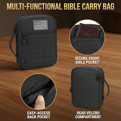 Tactical Bible Cover for Men, Large Bible Case with Shoulder Strap & US Flag Patch, Water Resistant Bible Carrier Bag with Handle, Multi Pockets for Church Study & Travel（Black） - color: Black