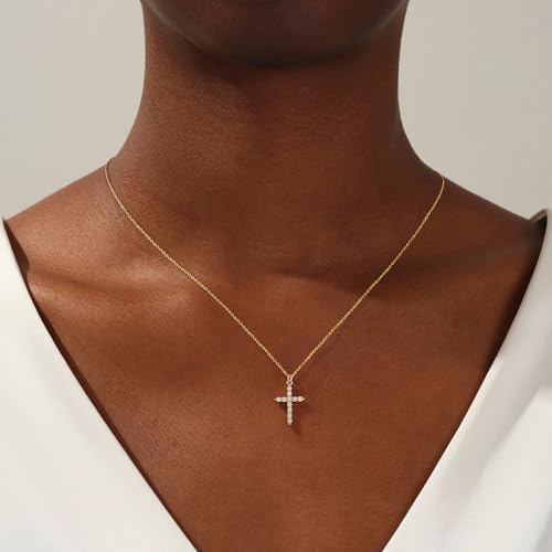 Carffordo 925 Sterling Silver Cross Necklace, Dainty Necklace for Women - style: Gold Cubic Zirconia Cross