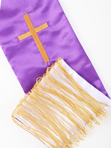 Eurzom 2 Pcs Reversible Clergy Stole with Cross Tassels - color: White,purple