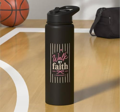 Christian Faith Scripture Verse Walk by Faith Pink Bow Stainless Steel Insulated Water Bottle - color: Black