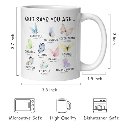 Christian Butterfly Mug, God Says You Are Bible Verse Coffee Cup Ceramic, Christian Gifts for Women, Inspirational Religious Ceramic Coffee Tea Mug 11 oz
